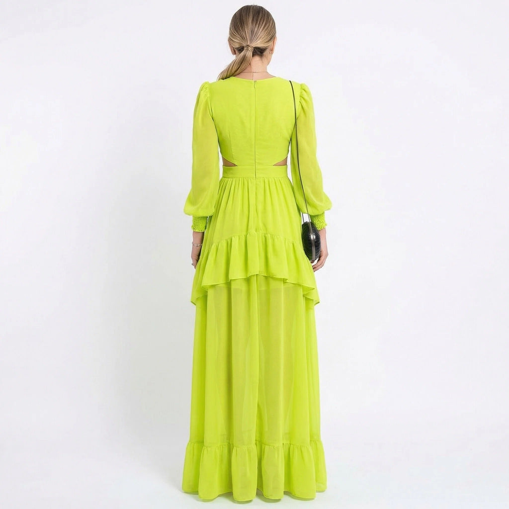 Lime Green V-Neck Long Sleeve Ruffled A-Line Maxi Dress with Cutout Waist, PD01239