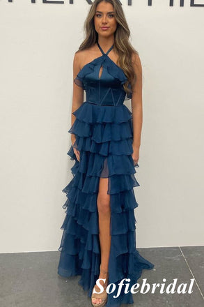 Navy Blue Chiffon Halter Ruffle Tiered Maxi Dress with Slit | Prom Formal Evening Dress, PD01249