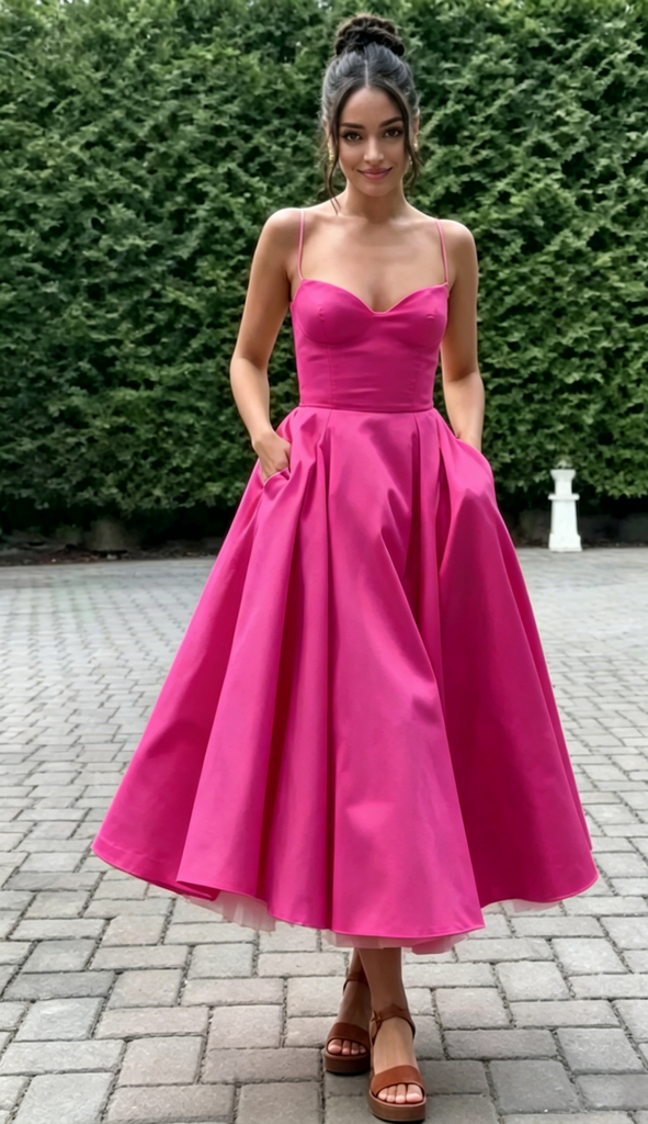 Spaghetti Strap Sweetheart Satin Midi Prom Dress A-Line Formal Bridesmaid Gown, PD01283