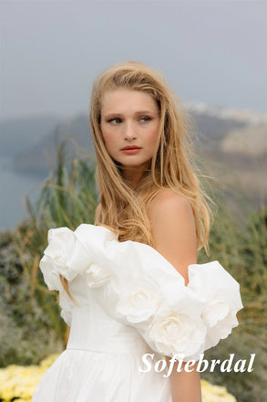 Elegant Satin Off Shoulder Sleeveless A-Line Long Wedding Dresses,SFWD0081