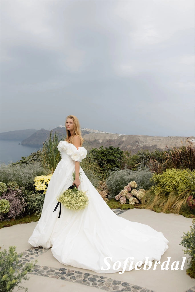 Elegant Satin Off Shoulder Sleeveless A-Line Long Wedding Dresses,SFWD0081