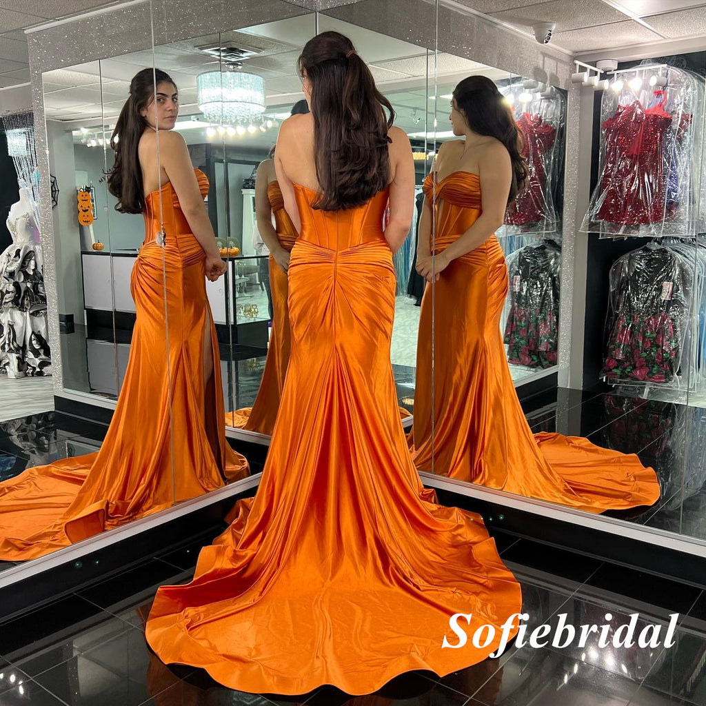 Sexy Orange Soft Satin Sweetheart Side Slit Mermaid Long Prom Dresses, PD0948