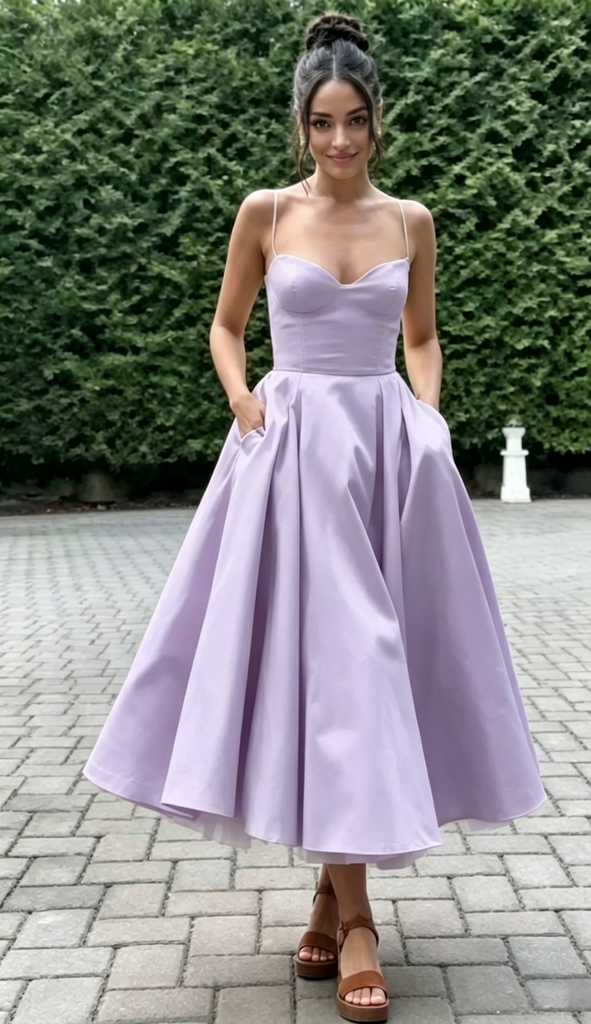 Spaghetti Strap Sweetheart Satin Midi Prom Dress A-Line Formal Bridesmaid Gown, PD01283