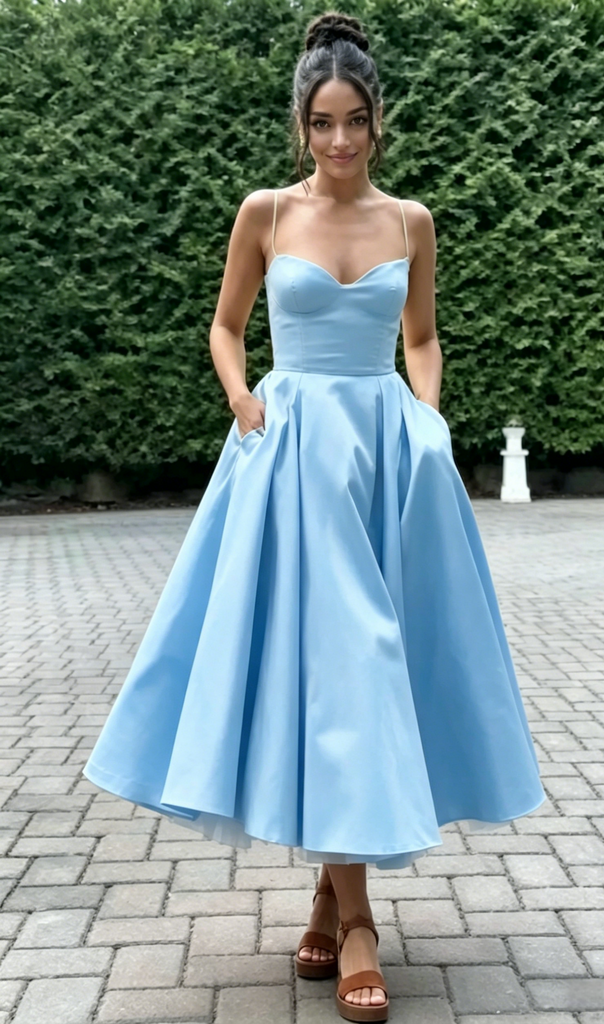 Spaghetti Strap Sweetheart Satin Midi Prom Dress A-Line Formal Bridesmaid Gown, PD01283
