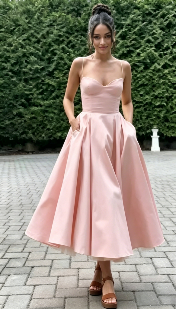 Spaghetti Strap Sweetheart Satin Midi Prom Dress A-Line Formal Bridesmaid Gown, PD01283