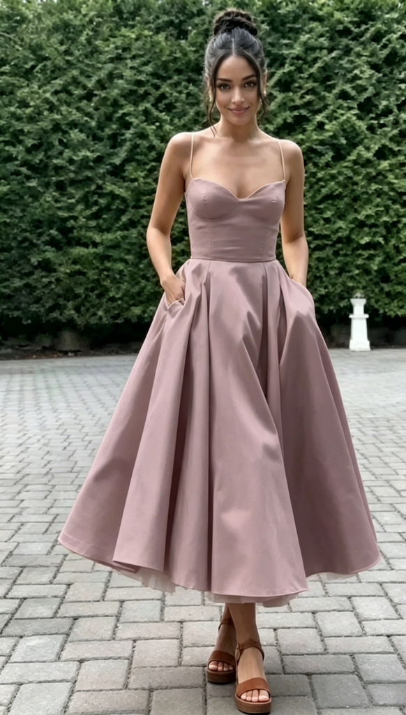 Spaghetti Strap Sweetheart Satin Midi Prom Dress A-Line Formal Bridesmaid Gown, PD01283