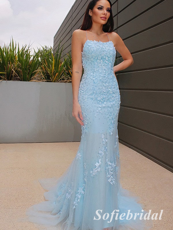 Sexy Tulle Spaghetti Straps Sleeveless Mermaid Long Prom Dresses With Applique, PD0900
