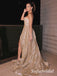 Shiny Special Fabric One Shoulder Sleeveless Side Slit A-Line Long Prom Dresses, PD0902