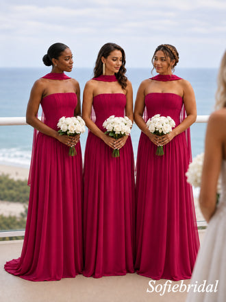 Fuchsia Chiffon Pleated Strapless Corset Floor Length Mermaid Bridesmaid Gown, SFWG00713
