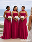Fuchsia Chiffon Pleated Strapless Corset Floor Length Mermaid Bridesmaid Gown, SFWG00713