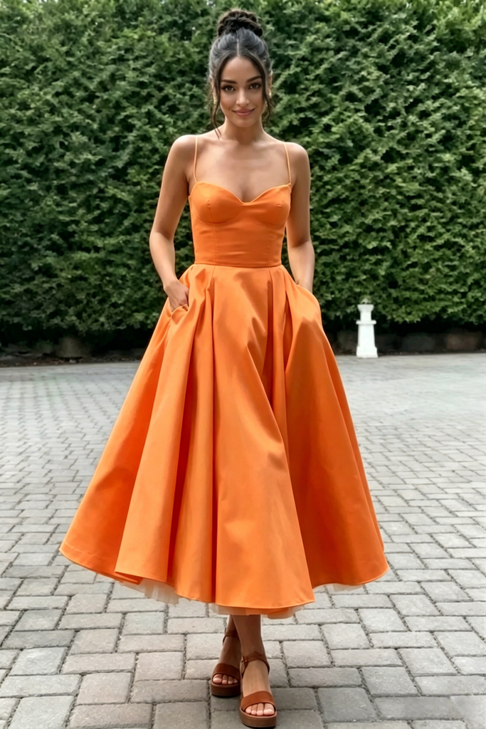 Spaghetti Strap Sweetheart Satin Midi Prom Dress A-Line Formal Bridesmaid Gown, PD01283
