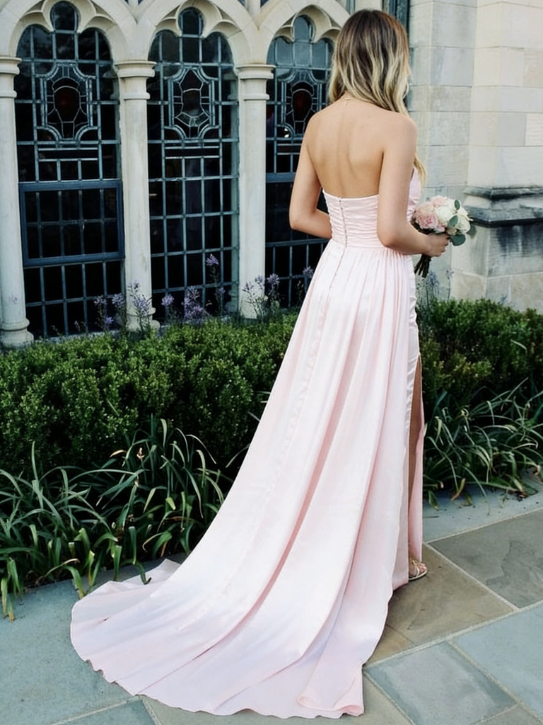 Blush Pink Satin Strapless Prom Dress with Sweep Train and High Slit, PD01199