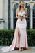Blush Pink Satin Strapless Prom Dress with Sweep Train and High Slit, PD01199
