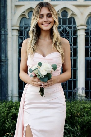 Blush Pink Satin Strapless Prom Dress with Sweep Train and High Slit, PD01199