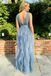 Dusty-Blue Spaghetti Straps V-Neck Tiered Tulle A-Line Maxi Prom Dress, PD01204