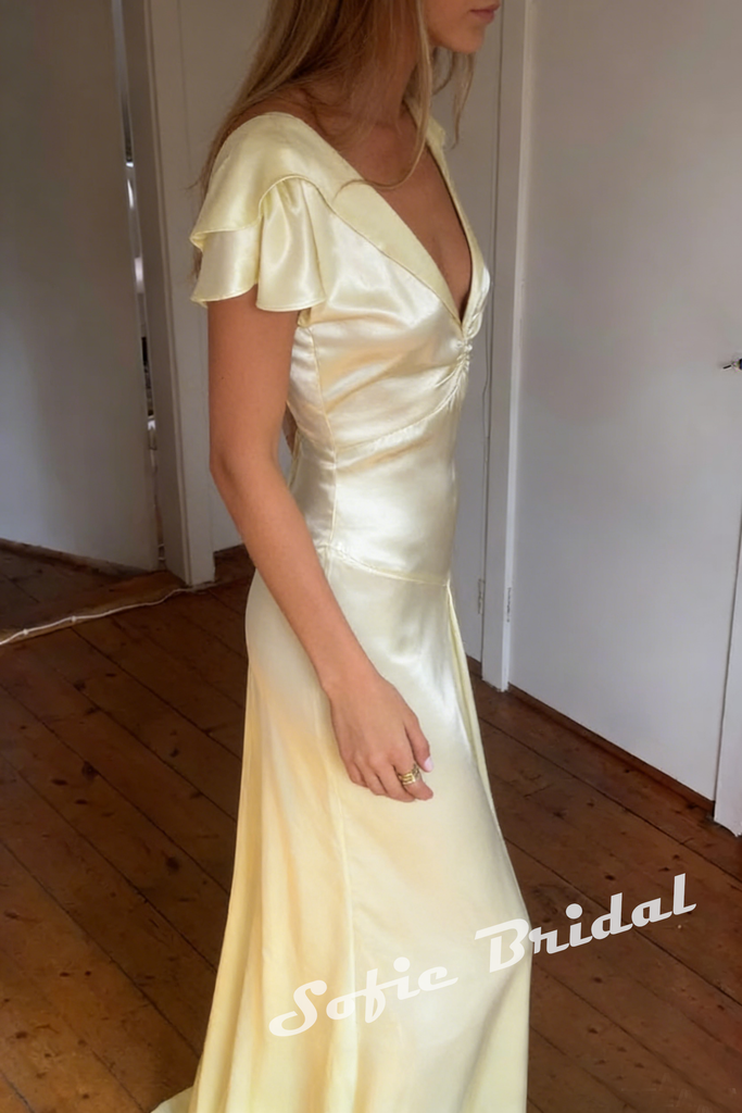 Shiny Soft Satin Flutter Sleeves V-Neck A-Line Maxi Prom Dress, PD01173