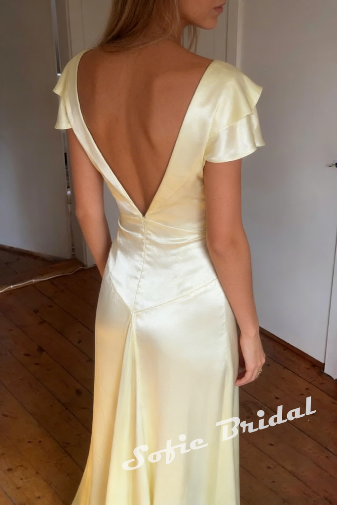 Shiny Soft Satin Flutter Sleeves V-Neck A-Line Maxi Prom Dress, PD01173