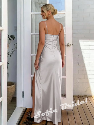 Sexy Soft Satin Spaghetti Straps Sleeveless Side Slit Mermaid Maxi Prom Dress, PD01175