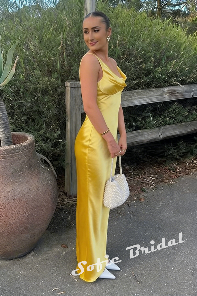 Sexy Soft Satin Asymmetrical Neck Sleeveless Mermaid Maxi Prom Dress/Wedding Guest Dresses, PD01176