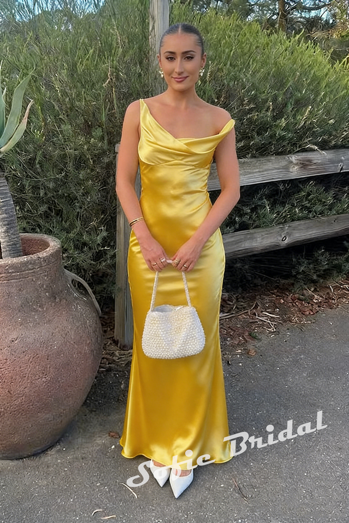 Sexy Soft Satin Asymmetrical Neck Sleeveless Mermaid Maxi Prom Dress/Wedding Guest Dresses, PD01176