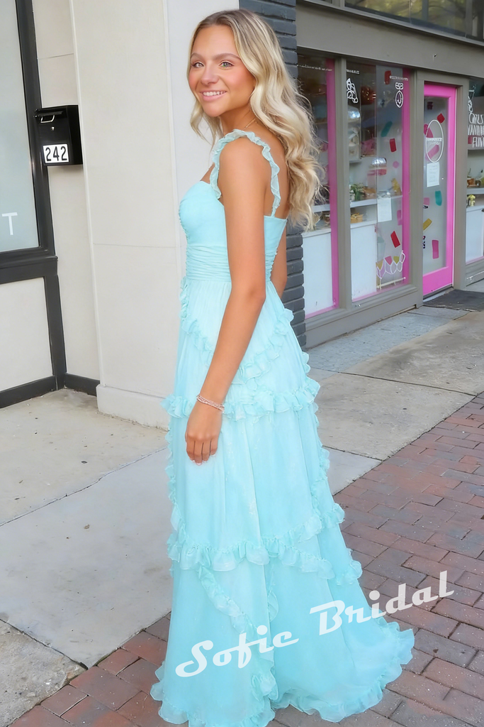 Sexy Chiffon Spaghetti Straps Sleeveless Ruffled A-Line Maxi Prom Dress/Graduation Dresses, PD01178