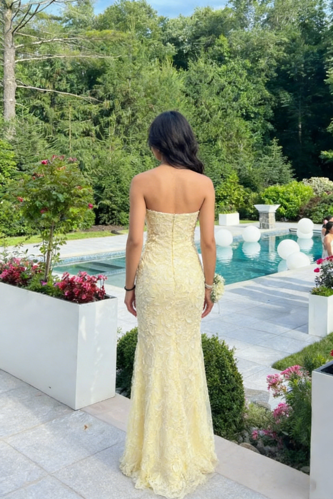 Sexy Yellow Tulle Lace Sweetheart Sleeveless Side Slit Mermaid Maxi Prom Dress/Graduation Dresses, PD01185