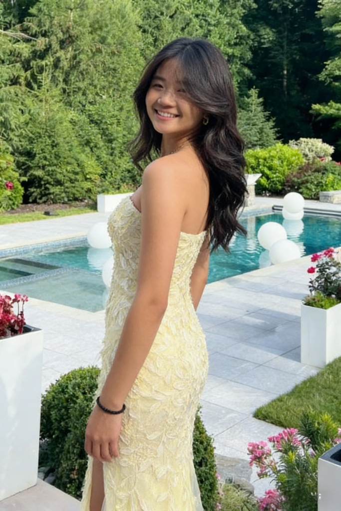 Sexy Yellow Tulle Lace Sweetheart Sleeveless Side Slit Mermaid Maxi Prom Dress/Graduation Dresses, PD01185