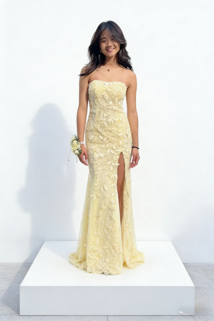 Sexy Yellow Tulle Lace Sweetheart Sleeveless Side Slit Mermaid Maxi Prom Dress/Graduation Dresses, PD01185