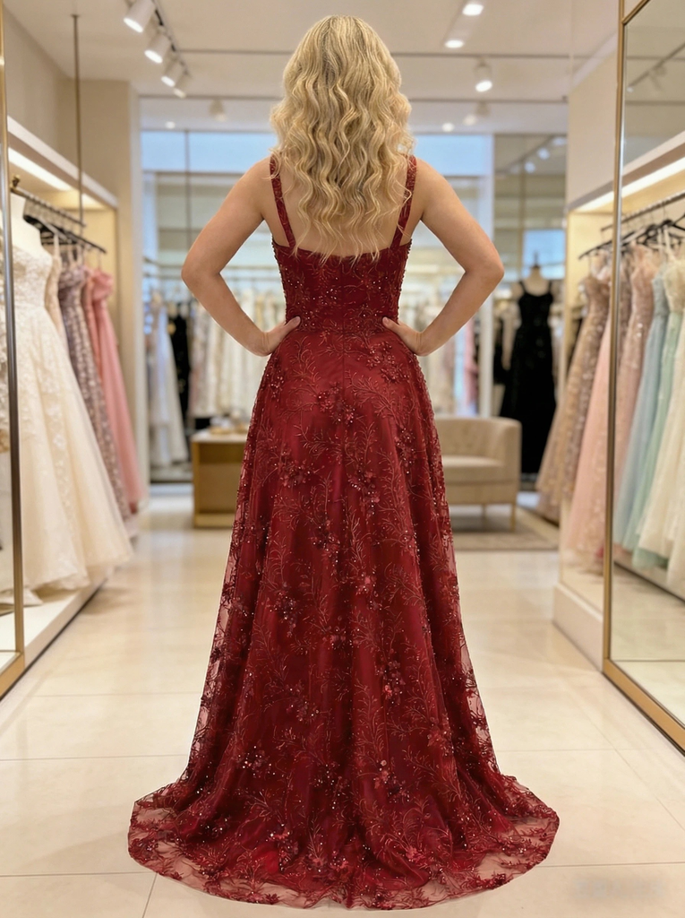 Elegant Tulle Lace Spaghetti Straps Square Sleeveless A-Line Maxi Prom Dress/Graduation Dresses With Sequin, PD01192