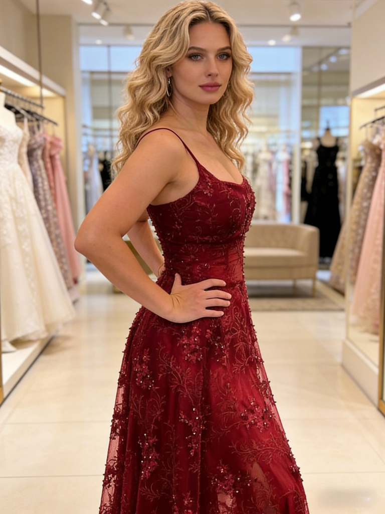 Elegant Tulle Lace Spaghetti Straps Square Sleeveless A-Line Maxi Prom Dress/Graduation Dresses With Sequin, PD01192