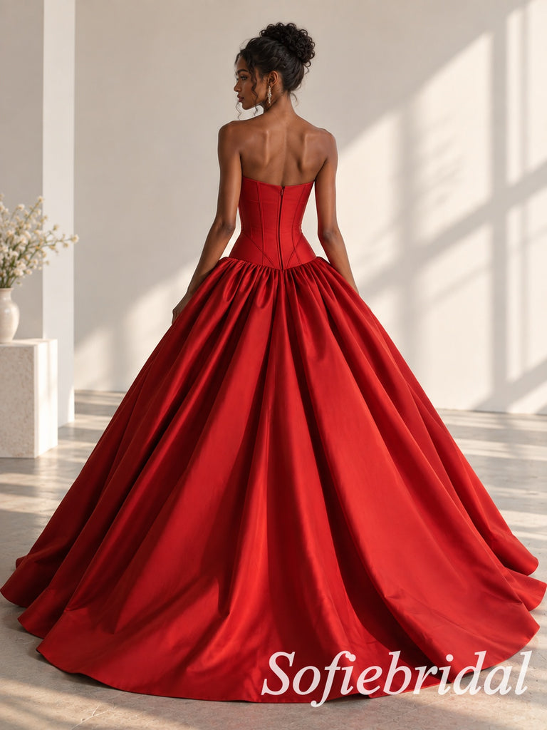 Stunning Red Satin Strapless Corsed Waist Full A-Line Ball Gown With Sweep Train,PD1339