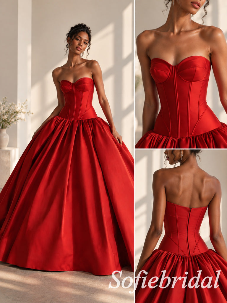 Stunning Red Satin Strapless Corsed Waist Full A-Line Ball Gown With Sweep Train,PD1339