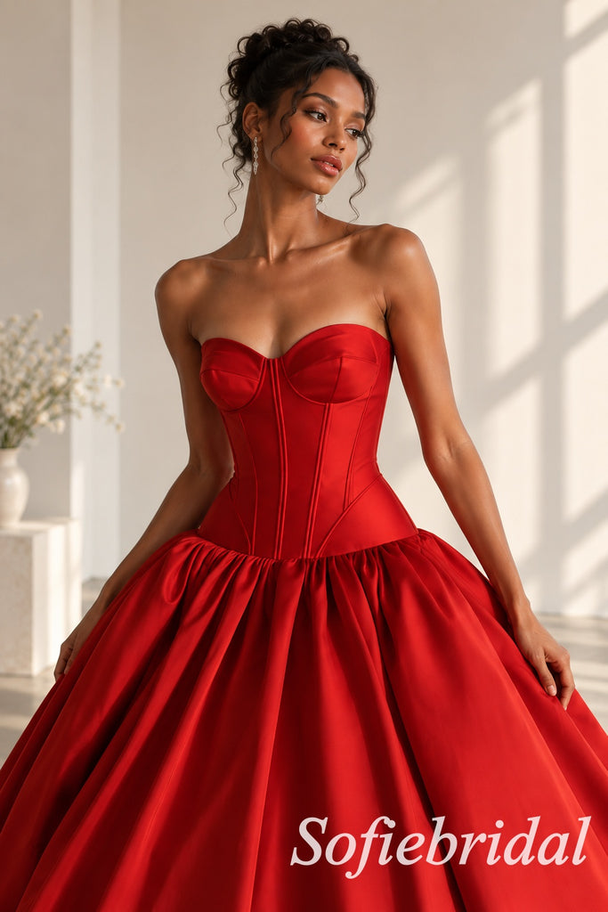 Stunning Red Satin Strapless Corsed Waist Full A-Line Ball Gown With Sweep Train,PD1339