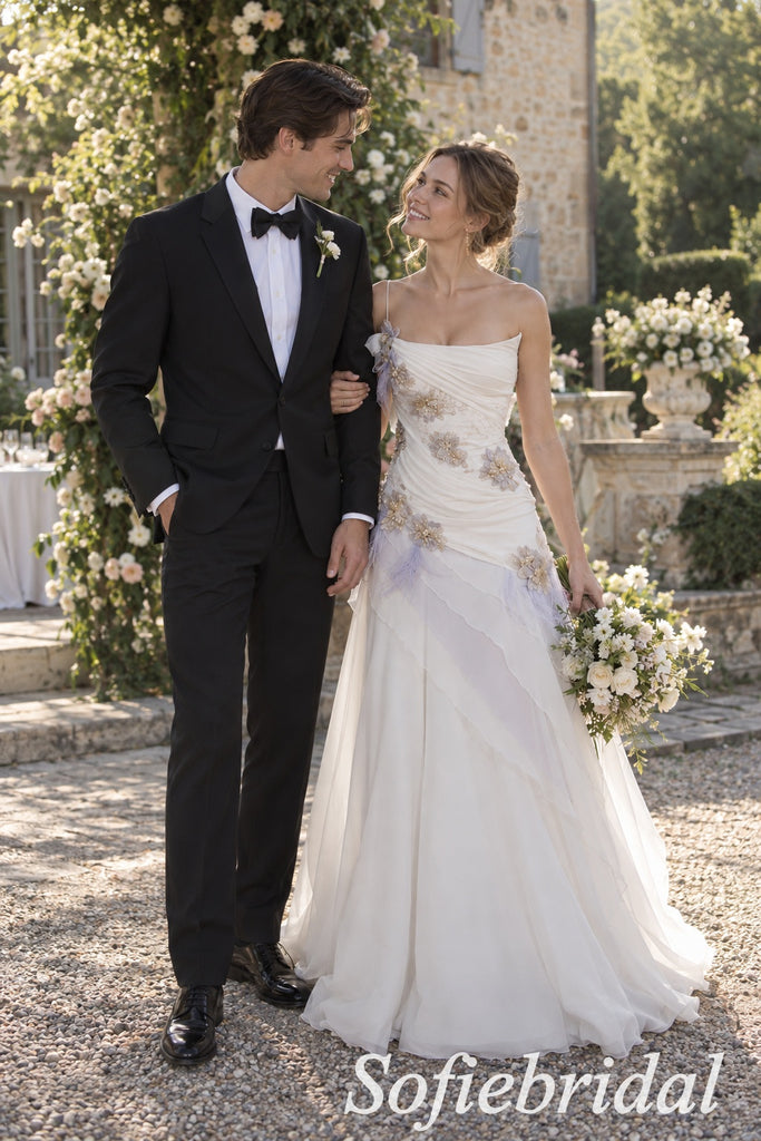 Ivory Chiffon Beaded Floral Applique Off Shoulder Open Back A-Line Wedding Dress,PD1346