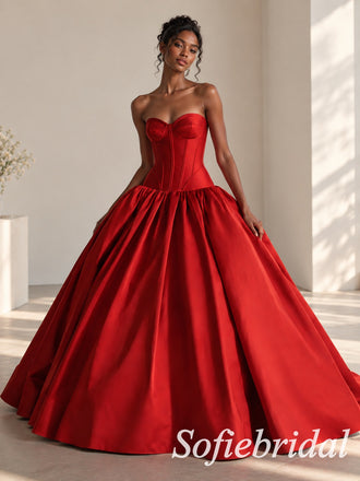 Stunning Red Satin Strapless Corsed Waist Full A-Line Ball Gown With Sweep Train,PD1339