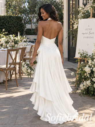 Romantic Ivory Satin Halter Deep V Open Back Ruched High Low Prom Dress,PD1340