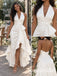 Romantic Ivory Satin Halter Deep V Open Back Ruched High Low Prom Dress,PD1340