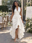 Romantic Ivory Satin Halter Deep V Open Back Ruched High Low Prom Dress,PD1340