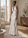 Ivory Satin Pleated Halter Deep V Open Back Floor Length Column Wedding Dress,PD1349