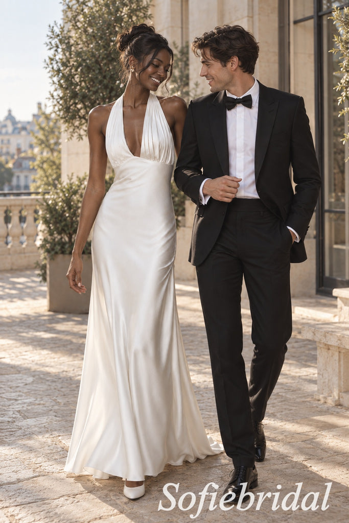Ivory Satin Pleated Halter Deep V Open Back Floor Length Column Wedding Dress,PD1349