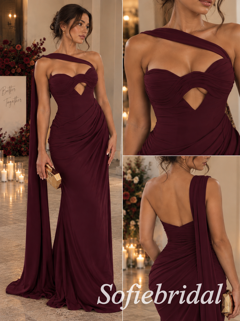 Timeless Burgundy Chiffon One Shoulder Draped Ruched Mermaid Bridal Party Gown,PD1343