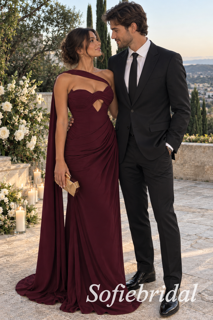 Timeless Burgundy Chiffon One Shoulder Draped Ruched Mermaid Bridal Party Gown,PD1343