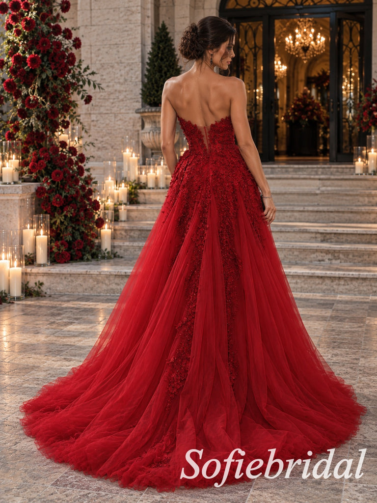 Elegant Red Tulle Strapless Boned Corset Ball Gown With Voluminous Pleated Dress,PD1338