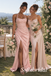 Stunning Dusty Pink Satin Halter Beaded Corset Mermaid Gown With Front High Leg Slit,PD1342
