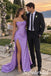 Lavender Satin Cowl Neck Strapless Ruched High Slit Open Back Floor Length Mermaid Evening Gown,PD1348