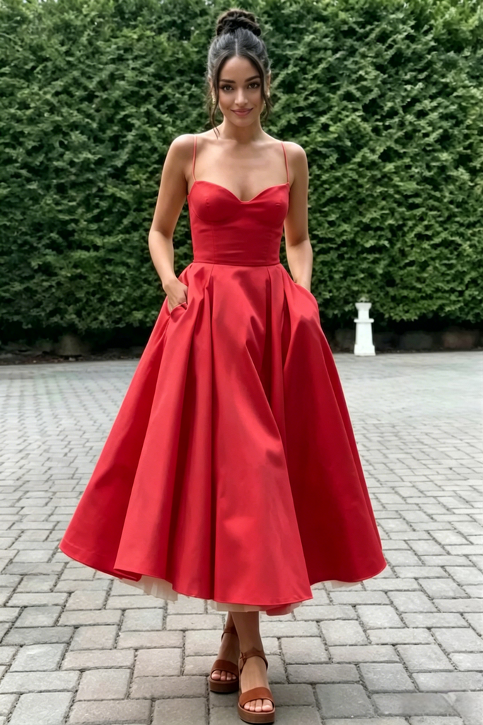 Spaghetti Strap Sweetheart Satin Midi Prom Dress A-Line Formal Bridesmaid Gown, PD01283