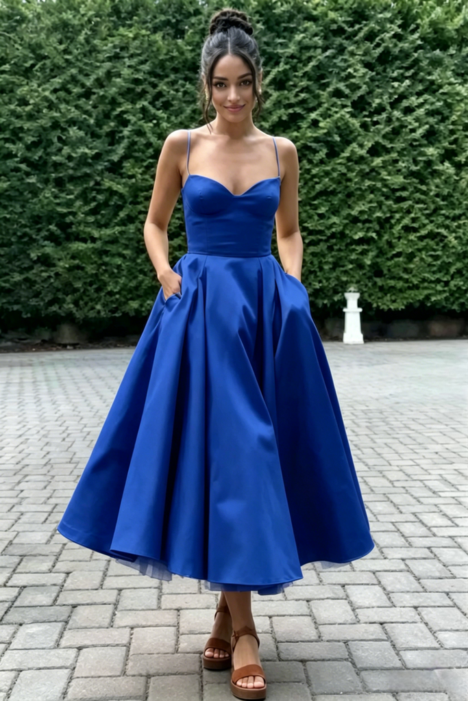 Spaghetti Strap Sweetheart Satin Midi Prom Dress A-Line Formal Bridesmaid Gown, PD01283