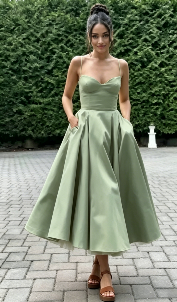 Spaghetti Strap Sweetheart Satin Midi Prom Dress A-Line Formal Bridesmaid Gown, PD01283