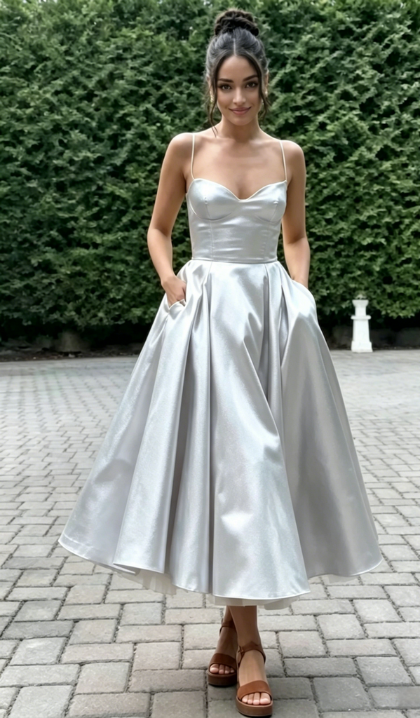 Spaghetti Strap Sweetheart Satin Midi Prom Dress A-Line Formal Bridesmaid Gown, PD01283