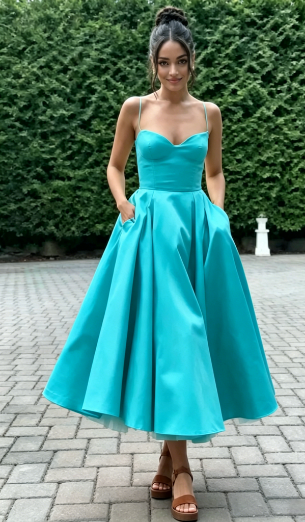 Spaghetti Strap Sweetheart Satin Midi Prom Dress A-Line Formal Bridesmaid Gown, PD01283